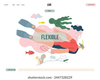 Life Unframed: Diver -modern flat vector concept illustration of a man swimming under the sea. Metaphor of unpredictability, imagination, whimsy, cycle of existence, play, growth and discovery