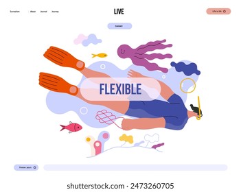 Life Unframed: Diver -modern flat vector concept illustration of a man swimming under the sea. Metaphor of unpredictability, imagination, whimsy, cycle of existence, play, growth and discovery