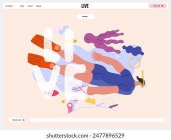 Life Unframed: Diver -modern flat vector concept illustration of a man swimming under the sea. Metaphor of unpredictability, imagination, whimsy, cycle of existence, play, growth and discovery