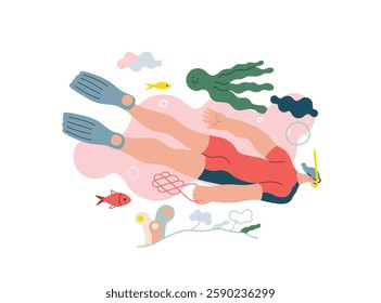 Life Unframed: Diver -modern flat vector concept illustration of a man swimming under the sea. Metaphor of unpredictability, imagination, whimsy, cycle of existence, play, growth and discovery