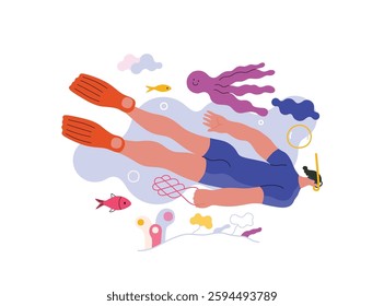 Life Unframed: Diver -modern flat vector concept illustration of a man swimming under the sea. Metaphor of unpredictability, imagination, whimsy, cycle of existence, play, growth and discovery
