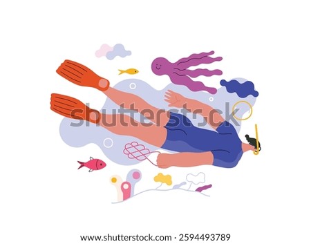 Life Unframed: Diver -modern flat vector concept illustration of a man swimming under the sea. Metaphor of unpredictability, imagination, whimsy, cycle of existence, play, growth and discovery