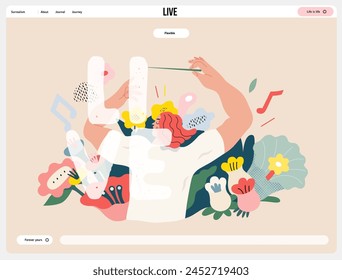 Life Unframed: Flower orchestra -modern flat vector concept illustration of symphony conductor, bloom music. Metaphor of unpredictability, imagination, whimsy, existence cycle, play, growth, discovery