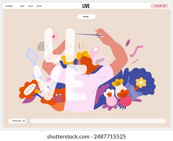 Life Unframed: Flower orchestra -modern flat vector concept illustration of symphony conductor, bloom music. Metaphor of unpredictability, imagination, whimsy, existence cycle, play, growth, discovery