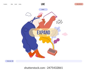 Life Unframed: Painter - Ilustración de concepto de Vector plano moderno de un hombre dibujando una casa en la pared. Metáfora de imprevisibilidad, imaginación, capricho, ciclo de existencia, juego, crecimiento y descubrimiento