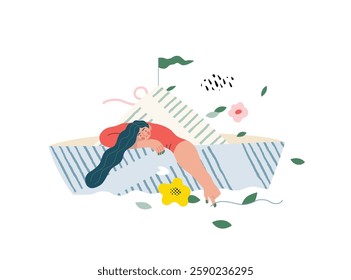 Life Unframed: Paper boat -modern flat vector concept illustration of girl floating in paper boat. A metaphor of unpredictability, imagination, whimsy, cycle of existence, play, growth and discovery