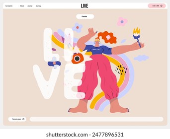 Life Unframed: Photo rainbow -modern flat vector concept illustration of a photographer and rainbow. Metaphor of unpredictability, imagination, whimsy, cycle of existence, play, growth and discovery