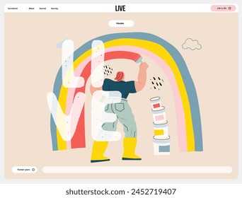 Life Unframed: Rainbow artist -modern flat vector concept illustration of a man drawing a rainbow. Metaphor of unpredictability, imagination, whimsy, cycle of existence, play, growth and discovery