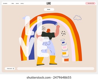 Life Unframed: Rainbow artist -modern flat vector concept illustration of a man drawing a rainbow. Metaphor of unpredictability, imagination, whimsy, cycle of existence, play, growth and discovery