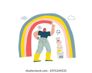 Life Unframed: Rainbow artist -modern flat vector concept illustration of a man drawing a rainbow. Metaphor of unpredictability, imagination, whimsy, cycle of existence, play, growth and discovery