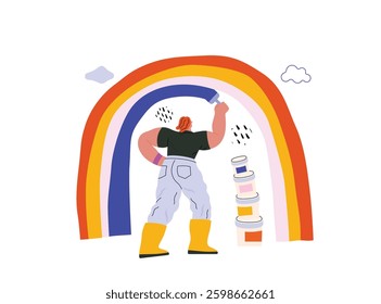 Life Unframed: Rainbow artist -modern flat vector concept illustration of a man drawing a rainbow. Metaphor of unpredictability, imagination, whimsy, cycle of existence, play, growth and discovery