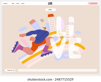 Life Unframed: Roller -modern flat vector concept illustration of a man rollerblading across rainbow. Metaphor of unpredictability, imagination, whimsy, cycle of existence, play, growth and discovery