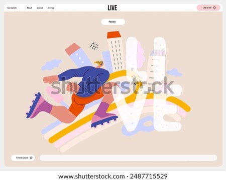 Life Unframed: Roller -modern flat vector concept illustration of a man rollerblading across rainbow. Metaphor of unpredictability, imagination, whimsy, cycle of existence, play, growth and discovery