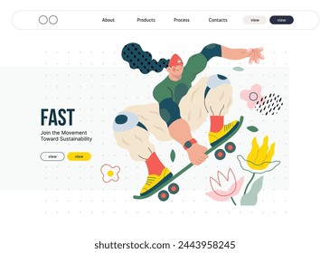 Life Unframed: Skateboarder -modern flat vector concept illustration of skater jumping above flowers. Metaphor of unpredictability, imagination, whimsy, cycle of existence, play, growth and discovery