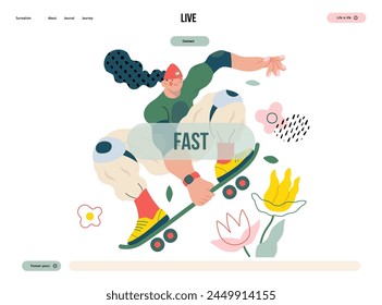 Life Unframed: Skateboarder -modern flat vector concept illustration of skater jumping above flowers. Metaphor of unpredictability, imagination, whimsy, cycle of existence, play, growth and discovery