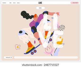 Life Unframed: Skateboarder -modern flat vector concept illustration of skater jumping above flowers. Metaphor of unpredictability, imagination, whimsy, cycle of existence, play, growth and discovery
