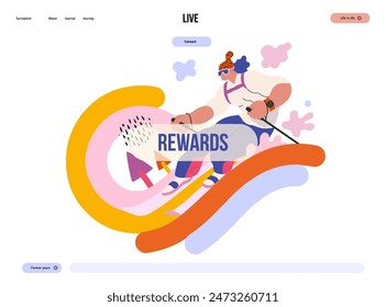 Life Unframed: Skier -modern flat vector concept illustration of skier races down slope of rainbow. A metaphor of unpredictability, imagination, whimsy, cycle of existence, play, growth and discovery