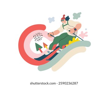 Life Unframed: Skier -modern flat vector concept illustration of skier races down slope of rainbow. A metaphor of unpredictability, imagination, whimsy, cycle of existence, play, growth and discovery