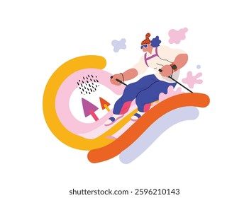 Life Unframed: Skier -modern flat vector concept illustration of skier races down slope of rainbow. A metaphor of unpredictability, imagination, whimsy, cycle of existence, play, growth and discovery