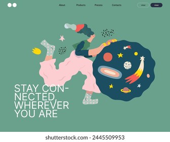 Life Unframed: Space -modern flat vector concept illustration of a encapsulated universe pusher. Metaphor of unpredictability, imagination, whimsy, cycle of existence, play, growth and discovery