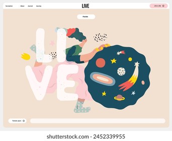 Life Unframed: Space -modern flat vector concept illustration of a encapsulated universe pusher. Metaphor of unpredictability, imagination, whimsy, cycle of existence, play, growth and discovery