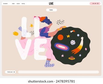 Life Unframed: Space -modern flat vector concept illustration of a encapsulated universe pusher. Metaphor of unpredictability, imagination, whimsy, cycle of existence, play, growth and discovery