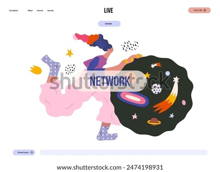 Life Unframed: Space -modern flat vector concept illustration of a encapsulated universe pusher. Metaphor of unpredictability, imagination, whimsy, cycle of existence, play, growth and discovery