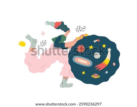 Life Unframed: Space -modern flat vector concept illustration of a encapsulated universe pusher. Metaphor of unpredictability, imagination, whimsy, cycle of existence, play, growth and discovery