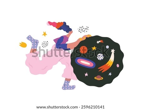 Life Unframed: Space -modern flat vector concept illustration of a encapsulated universe pusher. Metaphor of unpredictability, imagination, whimsy, cycle of existence, play, growth and discovery