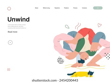 Life Unframed: Yoga -modern flat vector concept illustration of man tied himself in knot, doing yoga. Metaphor of unpredictability, imagination, whimsy, cycle of existence, play, growth and discovery