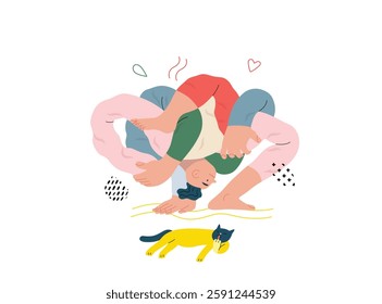 Life Unframed: Yoga -modern flat vector concept illustration of man tied himself in knot, doing yoga. Metaphor of unpredictability, imagination, whimsy, cycle of existence, play, growth and discovery