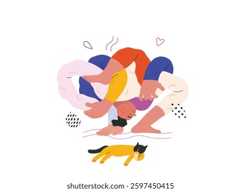 Life Unframed: Yoga -modern flat vector concept illustration of man tied himself in knot, doing yoga. Metaphor of unpredictability, imagination, whimsy, cycle of existence, play, growth and discovery