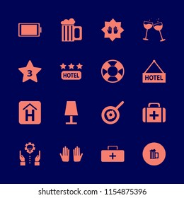 life vector icons set. with table lamp, beer glass, hotel sign and first aid bag in set