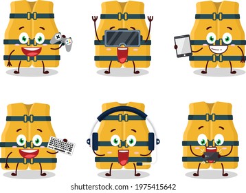 Life vest cartoon character are playing games with various cute emoticons