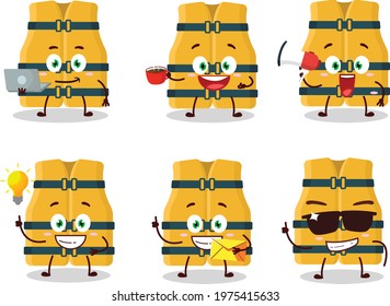 Life vest cartoon character with various types of business emoticons