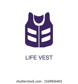 Life vest element in flat simple style on white background. Life vest icon, with text name concept template