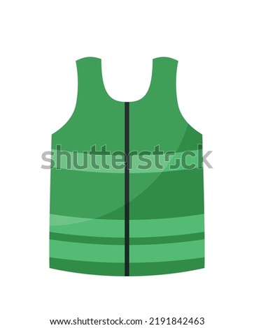 Life vest icon. Green cape to protect against damage in case of accidents. Sticker for social networks. Travel and trip safety metaphor. Bright emergency jacket. Cartoon flat vector illustration