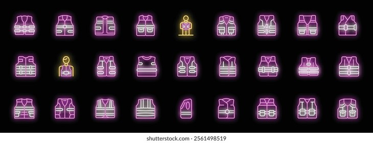 Life vest icons set, life jacket symbols collection, glowing neon style on black background, isolated vector illustration