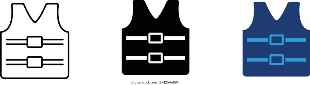 Life vest jacket icon showing water safety and emergency rescue equipment. Safety illustration for marine survival, life-saving gear, swimming protection, boating security, and outdoor recreation equipment.