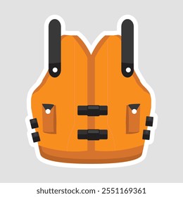 Life Vest Vector Illustration Sticker. A bright orange life vest sticker, suitable for water safety, adventure, and marine themes