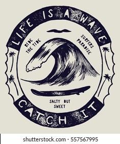 life is a wave - catch it. wave drawing motivational quote surfing print.