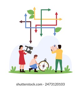 Life way choice, success opportunity, Tiny people with compass, binoculars and map choose direction among confusion of arrows and alternative options, make decision cartoon vector illustration