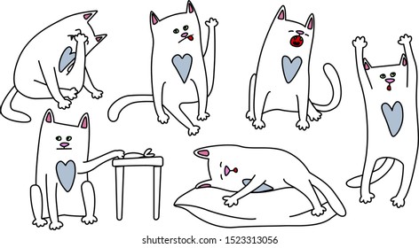 life of a white cat with a blue heart who loves to sleep, eat and lick himself.