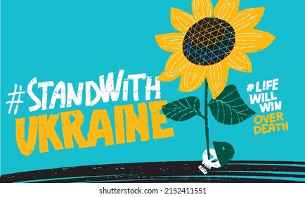 Life will win over death. Support Ukraine vector poster with sunflower and defeated enemy skull. 