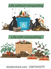  Life Without Composting vs Life With Composting Vector Illustration Waste Pollution vs Sustainable Gardening, Zero Waste Concept, Environmental Awareness Campaign. Vector illustration