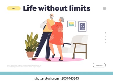 Life without limits concept of landing page with happy senior couple in love dancing tango. Active elder man and woman grandparents dancers on retirement. Cartoon flat vector illustration