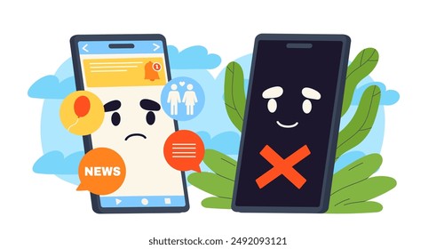 Leben ohne Telefon. Trauriges Telefon mit offenen sozialen Netzwerken und glücklich ausgeschaltetem Gerät. Digitale Entgiftung und psychische Gesundheitsfürsorge, Bewusstsein. Flache Vektorillustration isoliert auf weißem Hintergrund