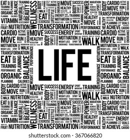 LIFE word cloud background, health concept