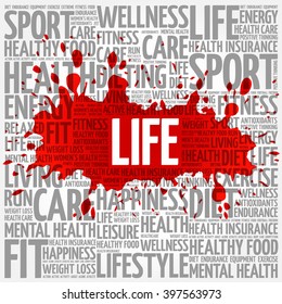 LIFE word cloud background, health concept