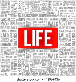 LIFE word cloud background, health concept